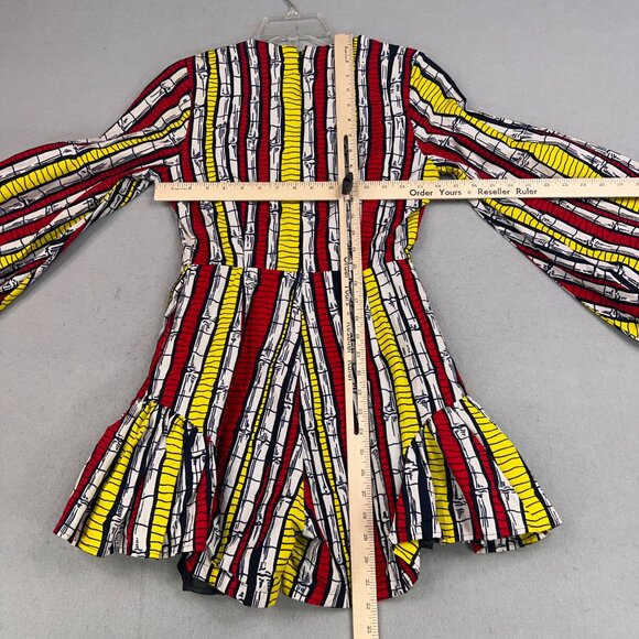 Ofuure Romper Womens Small Red Yellow African Print Ruffle Shorts Tie Sleeves - Picture 9 of 15